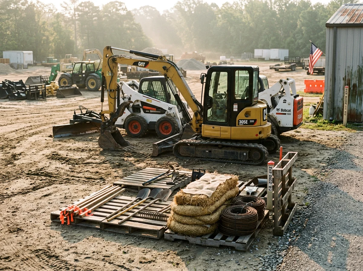 Equipment and tools used for excavation and land clearing operations on active job sites.