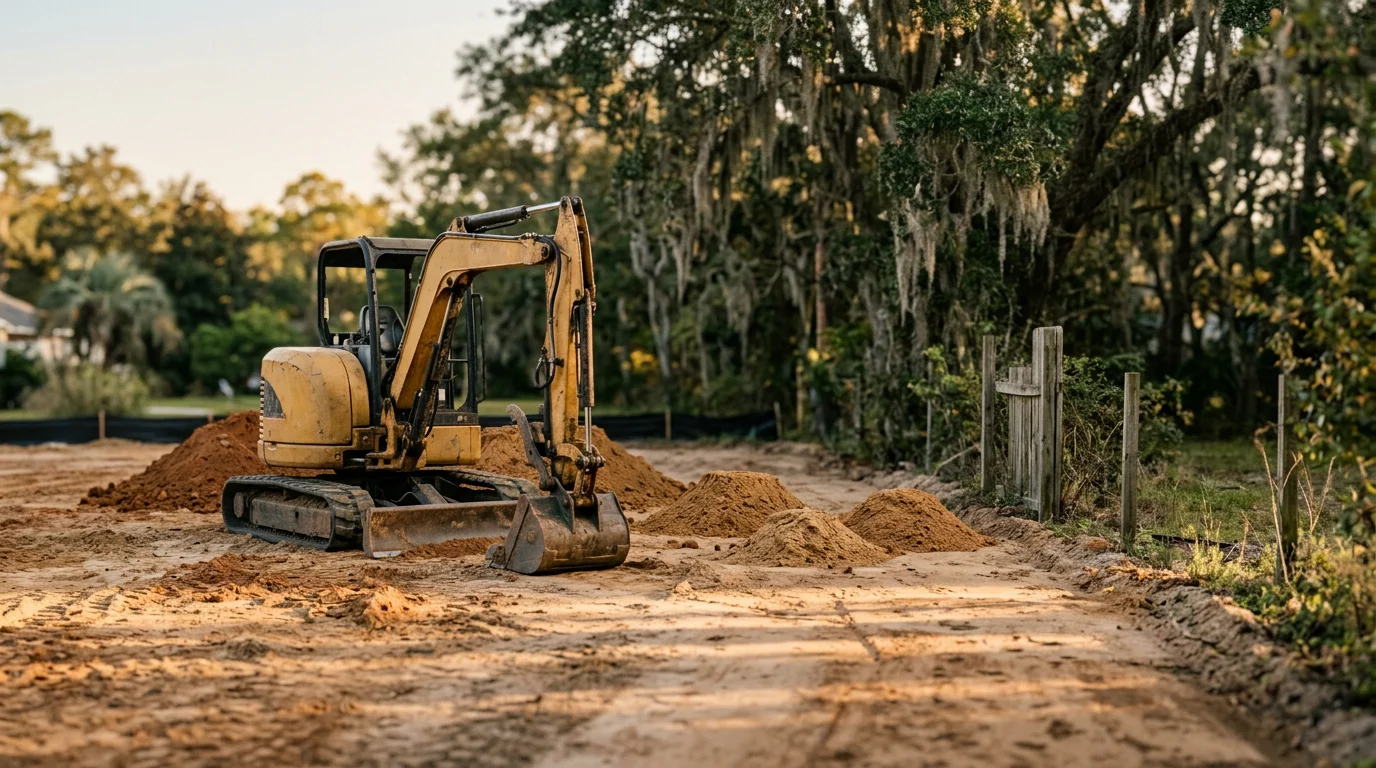 Excavator working on site preparation and grading