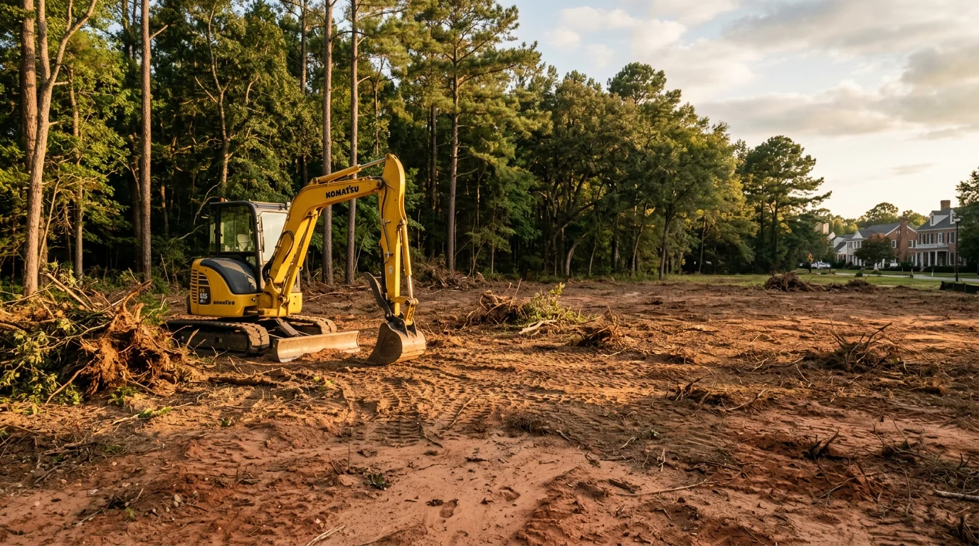 Land clearing equipment removing vegetation from property