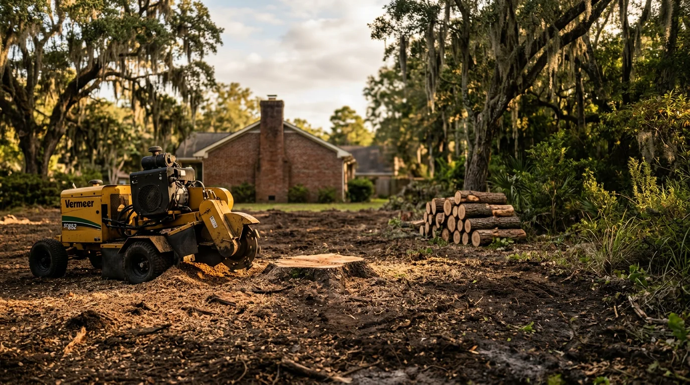 Tree removal and stump grinding equipment on residential property