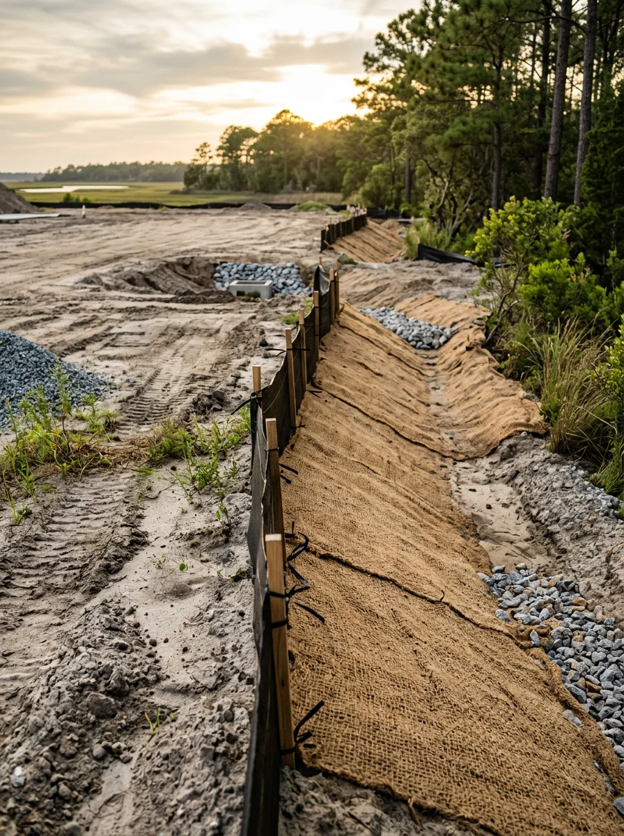 Stormwater drainage system installation in Carteret County showing erosion control measures and graded terrain