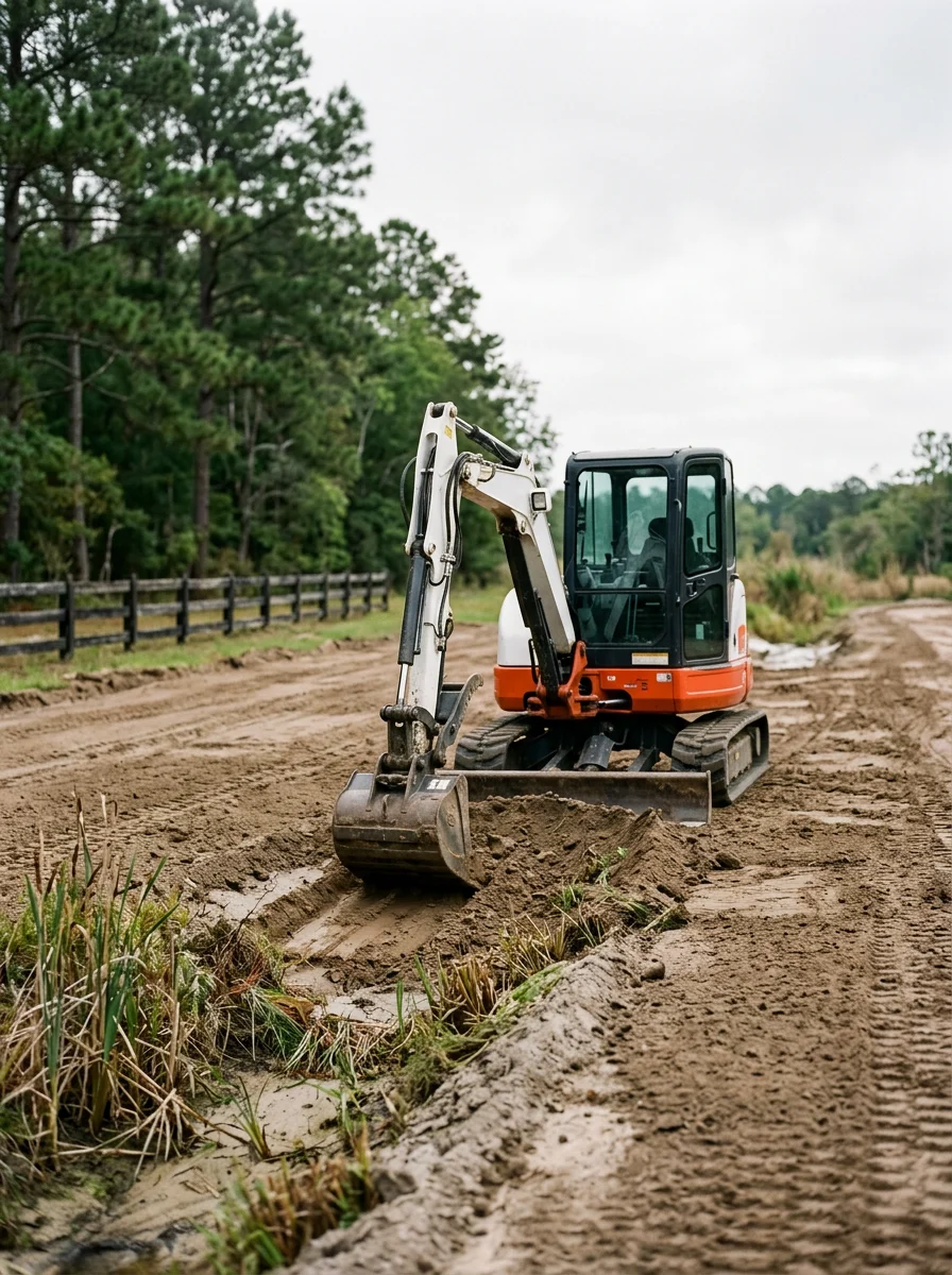 Excavation equipment performing site grading on low-lying Craven County property near drainage systems