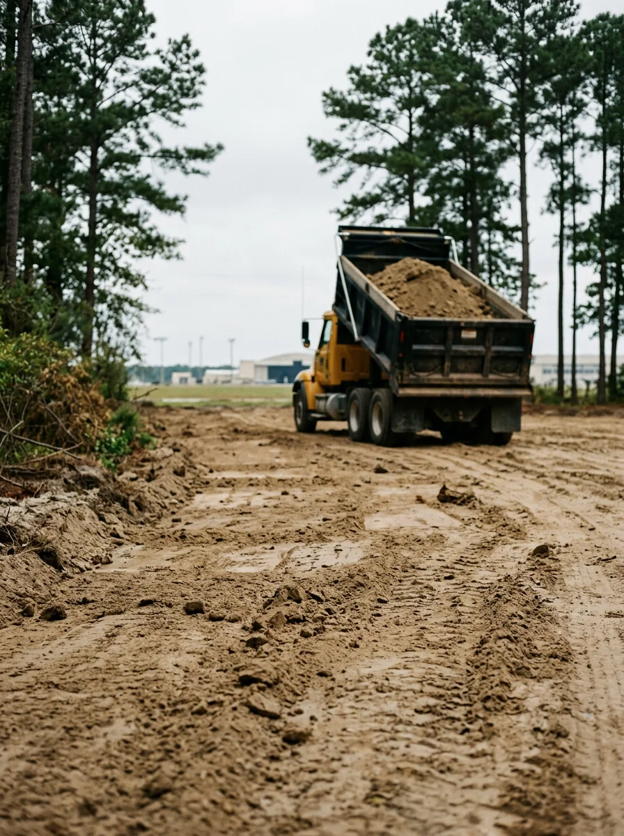 Site grading in progress on a new residential lot near Seymour Johnson Air Force Base in Goldsboro, NC, with a dirt hauling truck staged at the site entrance and exposed sandy loam soil across the graded pad.