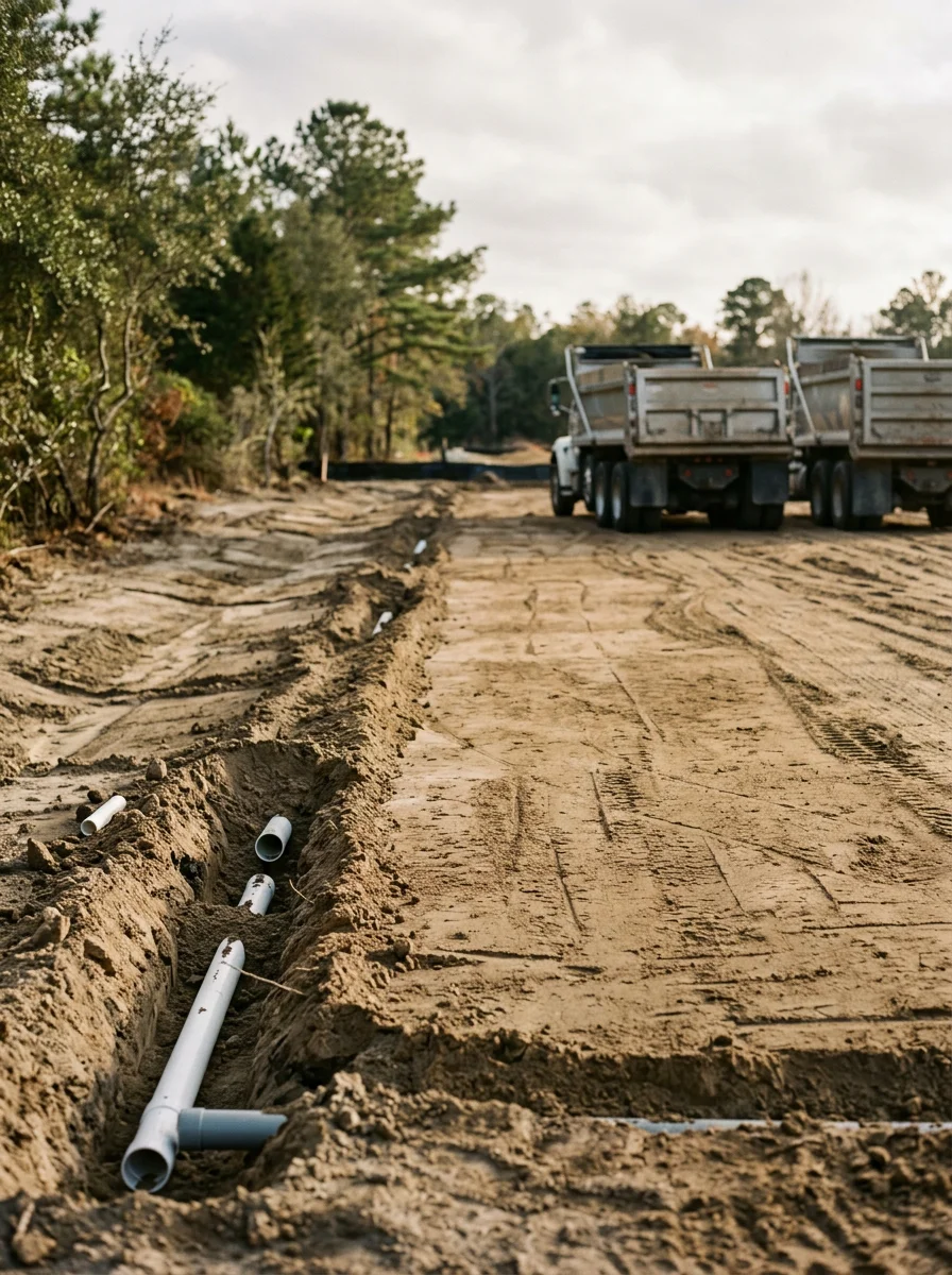 Graded subdivision building pad in Jacksonville, NC, with dirt hauling trucks staged nearby and storm water pipe trench open along the lot edge.