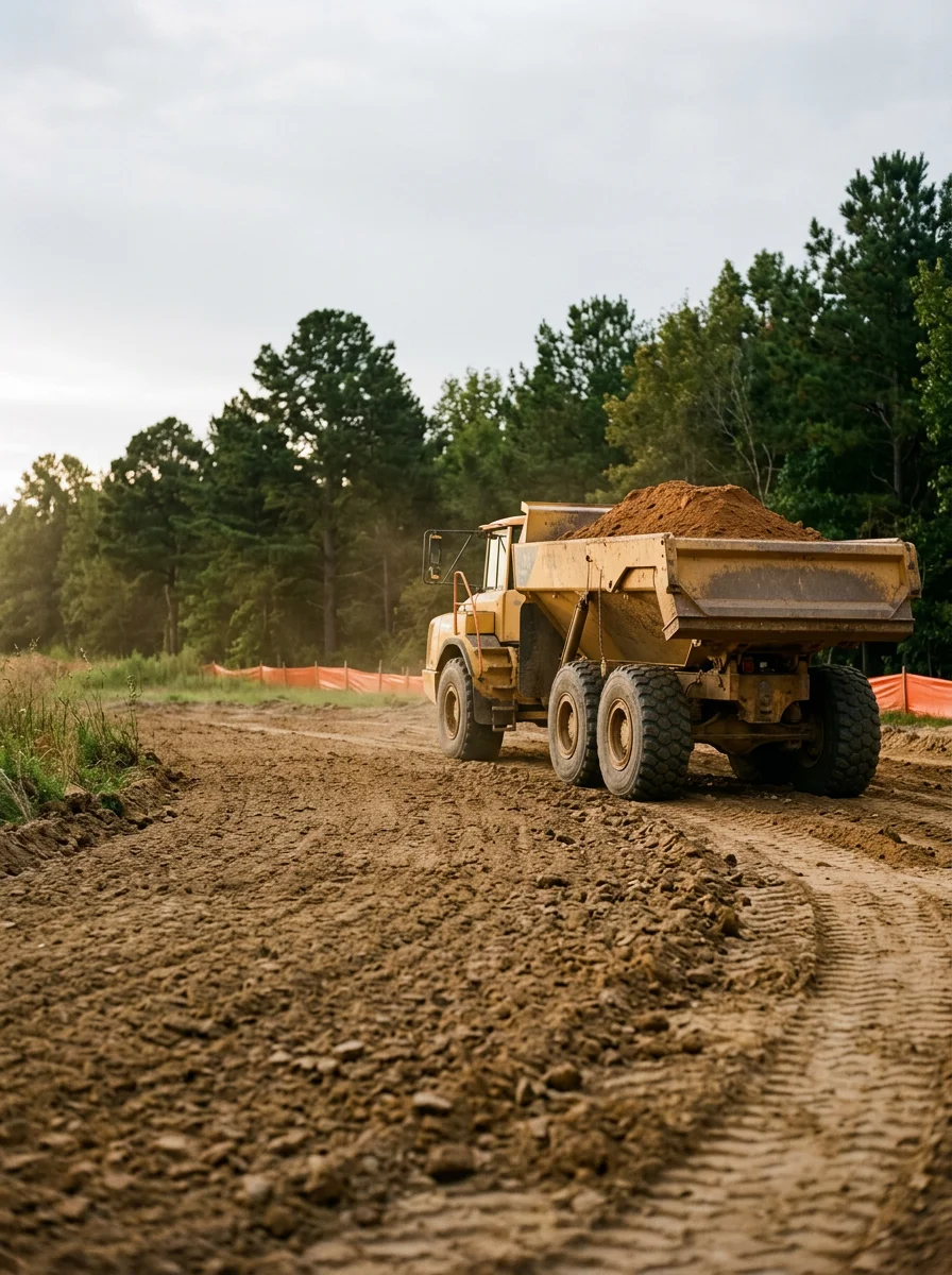 Dirt hauling truck delivering clean fill material to a Kinston building site near the Neuse River floodplain, with a graded pad and erosion control fencing visible.