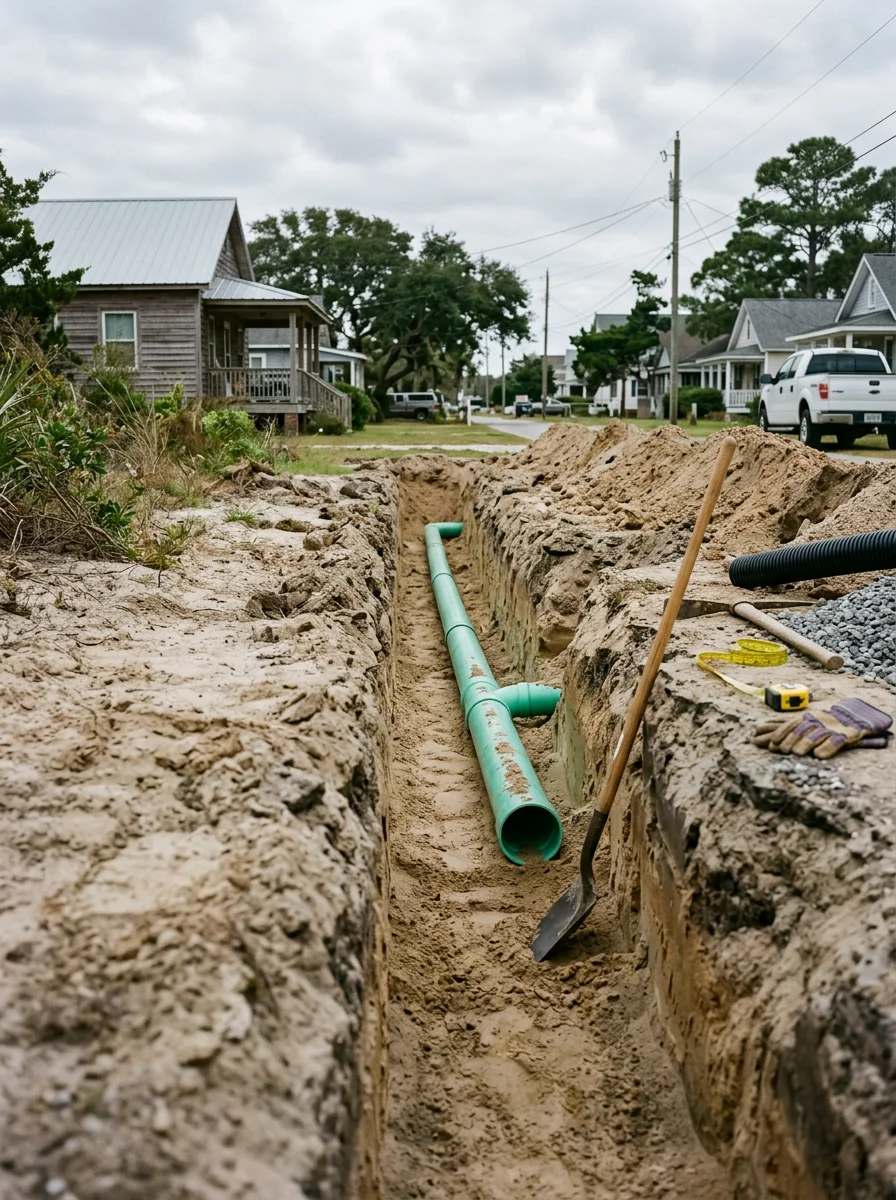 Storm water pipe installation in progress on a Morehead City residential lot, with sandy soil walls visible in the open trench and the Arendell Street corridor in the background.