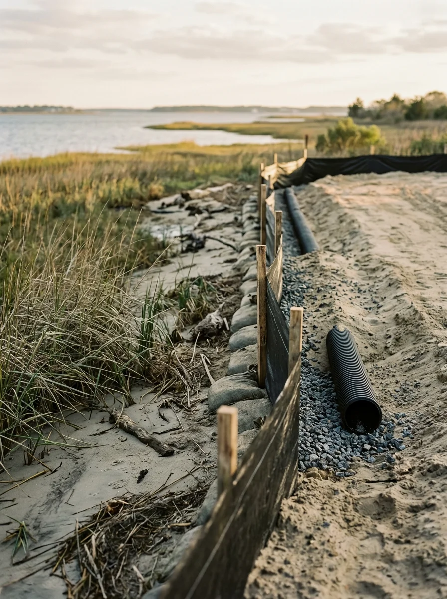Stormwater drainage installation and erosion control measures along a Morehead City property near Bogue Sound