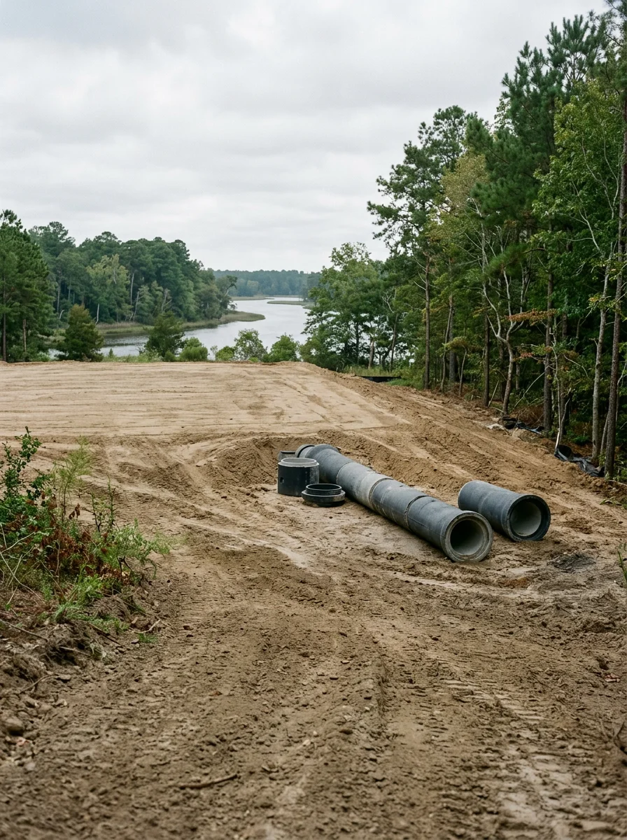 Freshly graded building pad on a New Bern subdivision lot with storm water pipe installation in progress and the Trent River visible in the background.