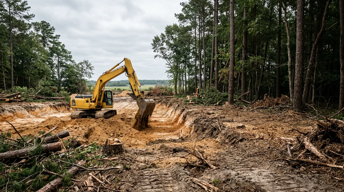 Excavator grading a wooded residential lot near the Neuse River in New Bern, NC, with cleared timber and exposed sandy loam soil visible in the foreground.