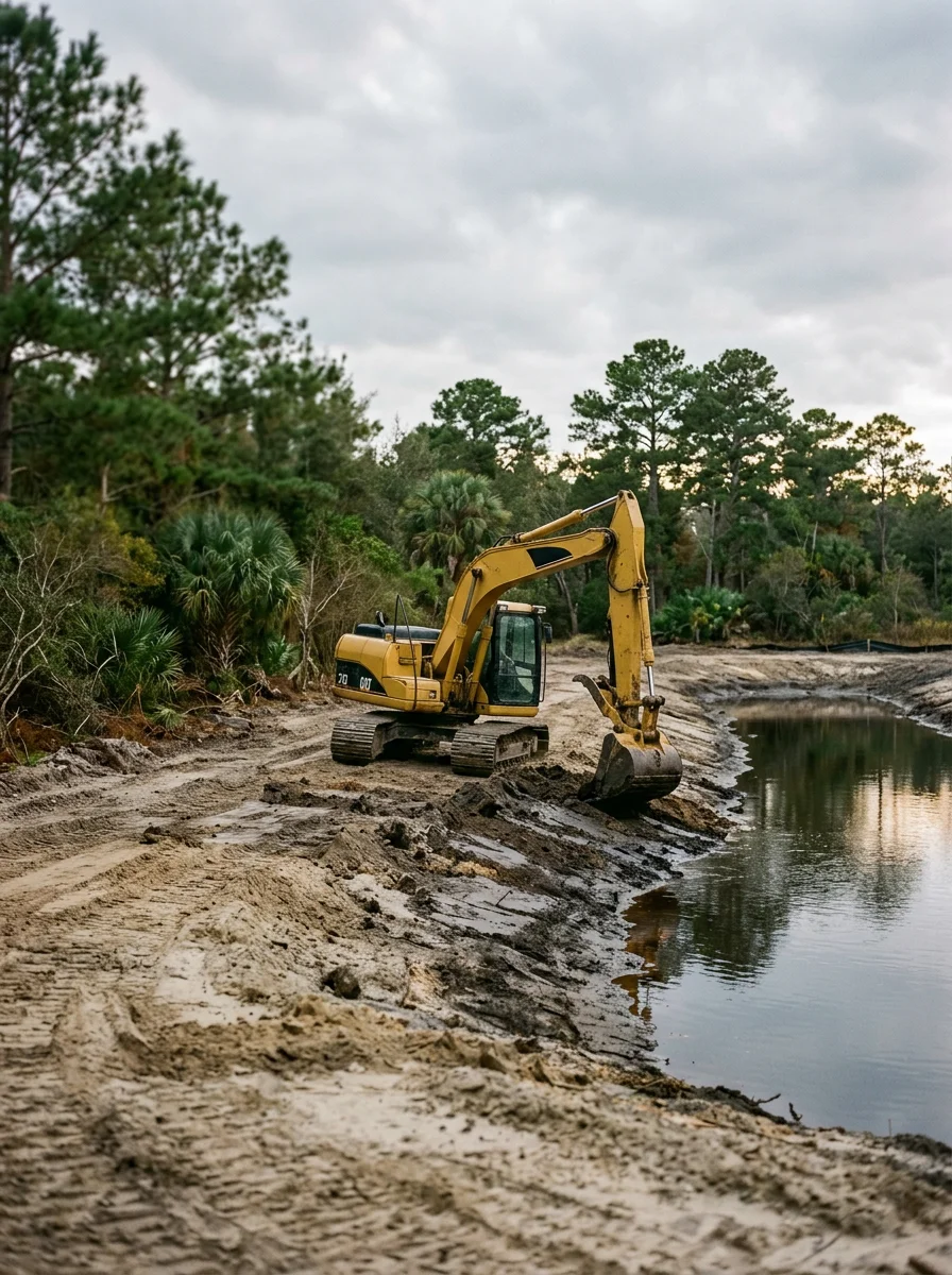 Excavation equipment grading a low-lying site with stormwater retention pond in Onslow County