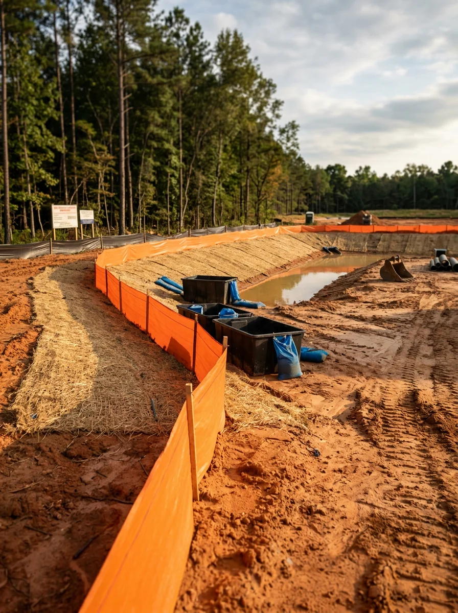 Stormwater pond under construction in Wake County subdivision with erosion control measures and silt fence installed