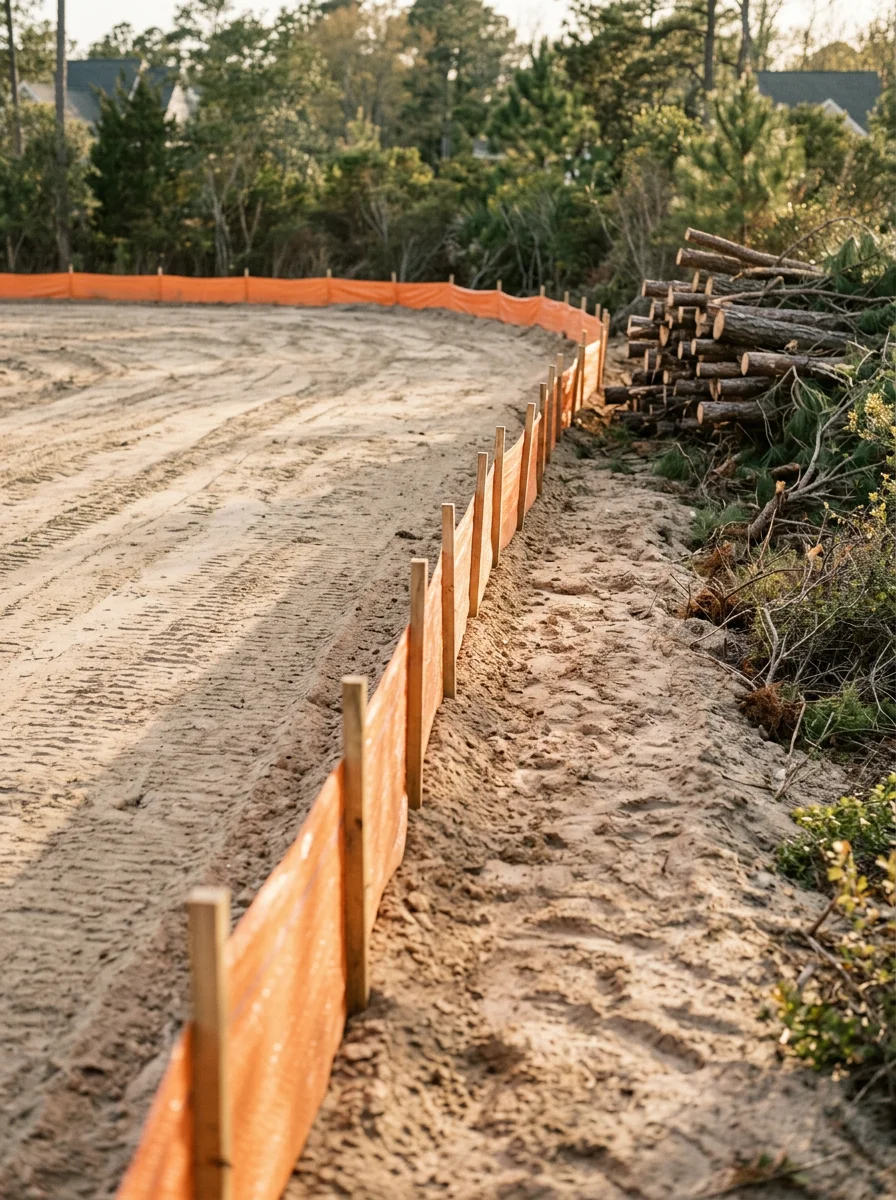 Graded residential building pad in northern Wilmington with erosion control silt fencing installed along the lot perimeter and cleared pine trees stacked at the site edge.
