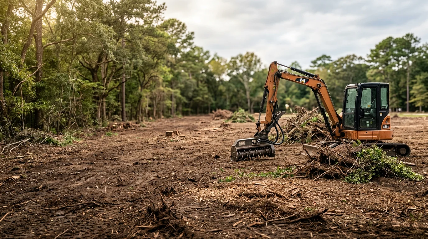 A cleared lot in New Bern, NC showing open ground after brush and invasive vegetation removal by R&D Earthworks LLC. Dense underbrush and overgrown shrubs have been cut back, leaving the land accessible and ready for use.