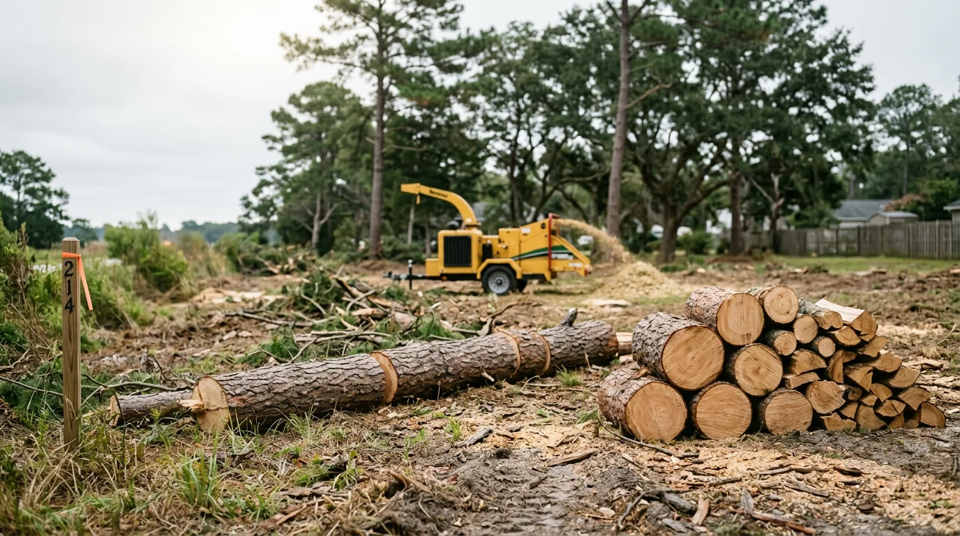 A large dead loblolly pine being removed in sections in a residential yard in New Bern, NC. The surrounding lawn and fence line are clear of debris after the work is complete.