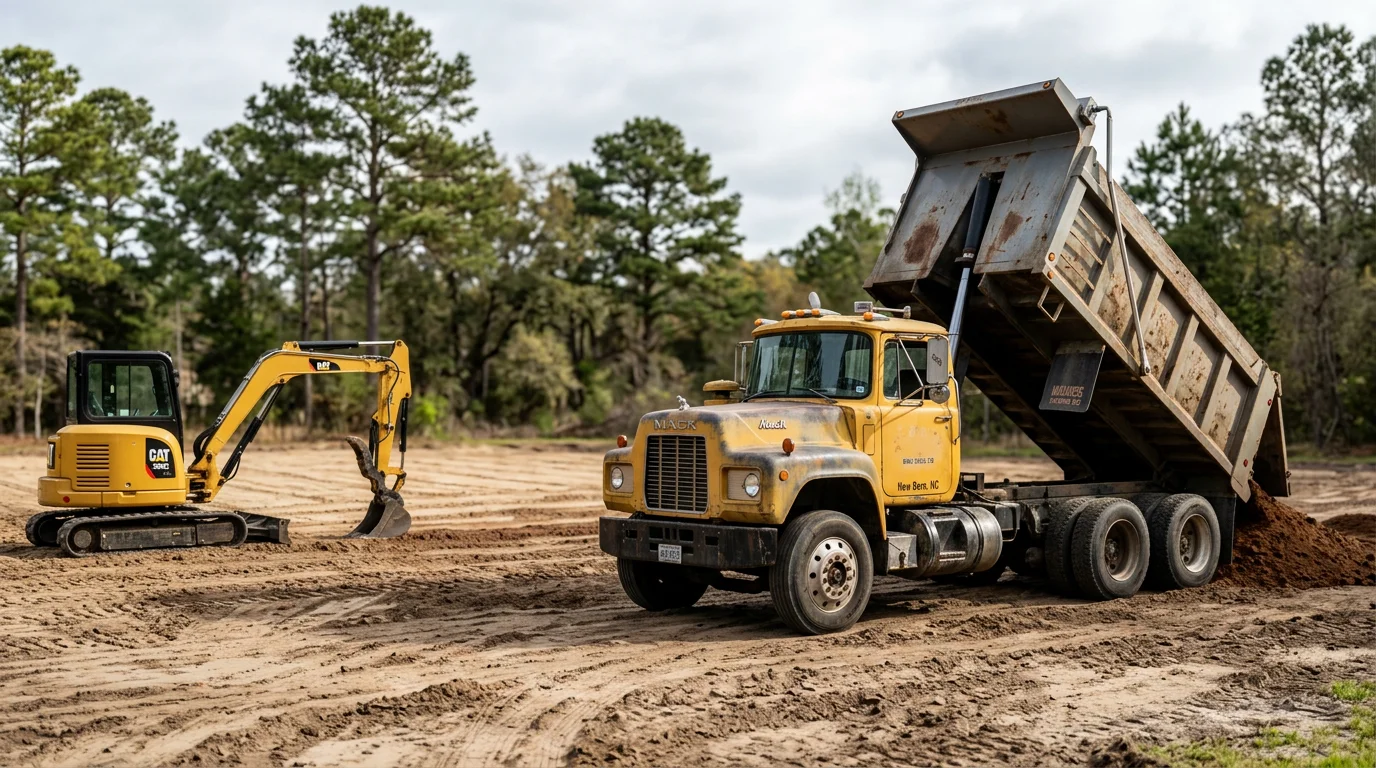 A dump truck loaded with excavated clay soil being hauled away from a cleared residential lot in New Bern, NC. The site shows freshly graded ground with no excess soil remaining.