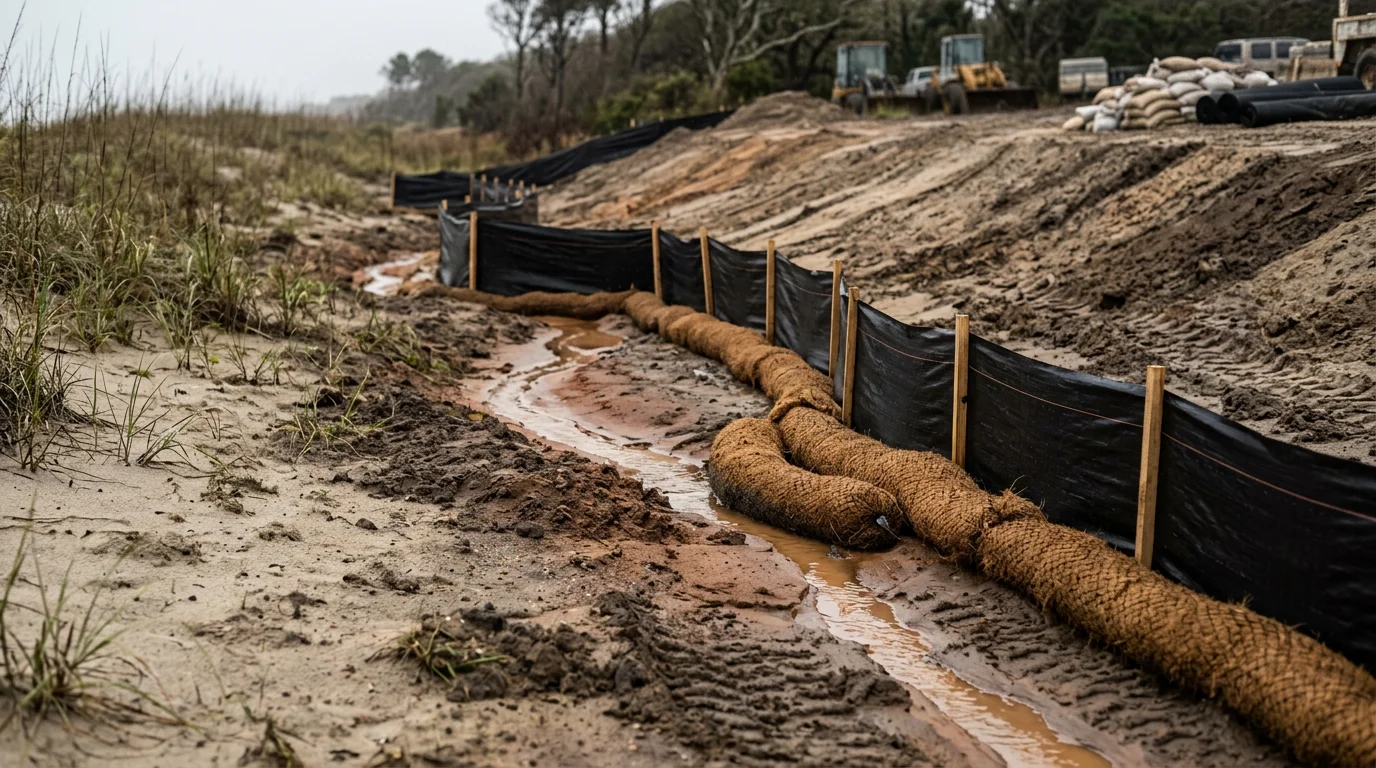 A stabilized slope on a cleared residential lot in New Bern, NC, with erosion control measures holding bare soil in place along a graded embankment. Surrounding land shows sandy eastern North Carolina soil typical of the coastal plain region.