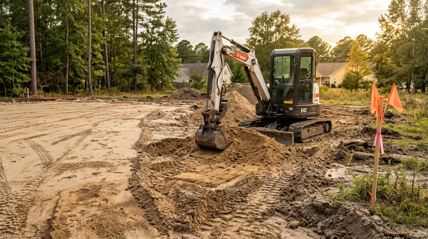 An excavator clearing and digging a residential lot in New Bern, NC, with sandy loam soil exposed and surrounding trees visible at the site perimeter. The site shows freshly moved earth prepared for construction in eastern North Carolina.