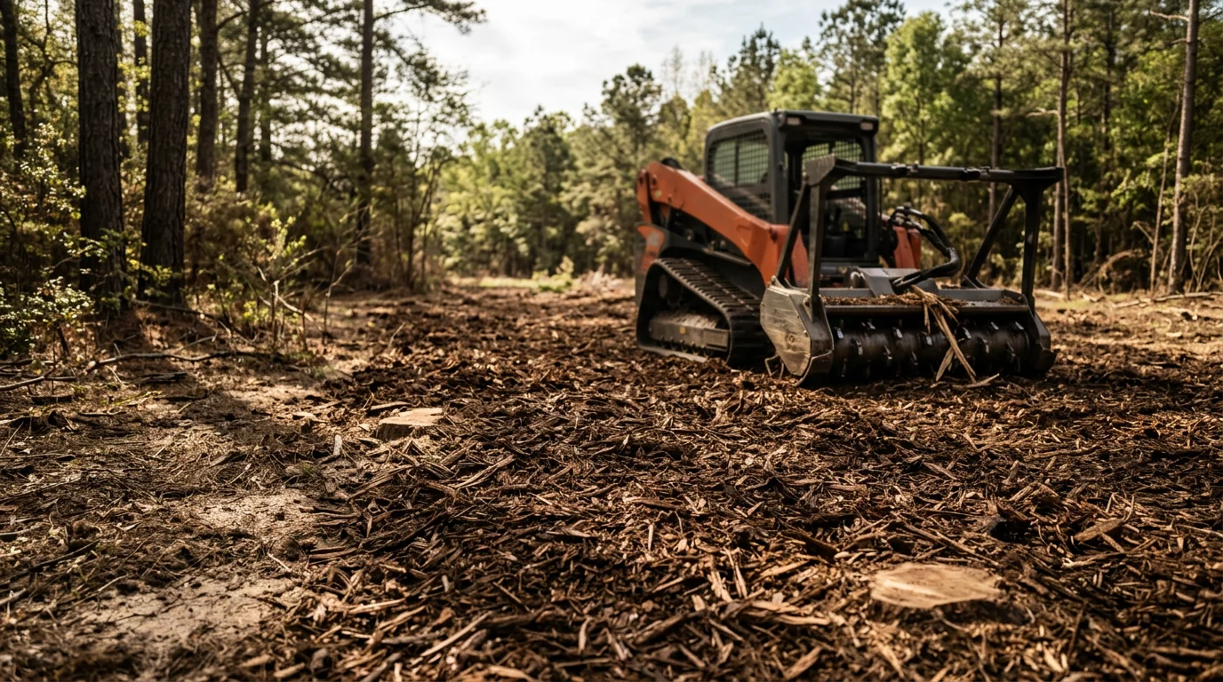 A tracked forestry mulcher clearing dense brush and small trees on a wooded lot in New Bern, NC, leaving a layer of shredded mulch across the ground. The surrounding larger trees remain standing while the undergrowth has been fully ground down to ground level.