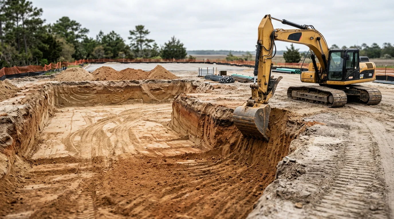 A foundation excavation cut in progress on a residential lot in New Bern, NC, showing exposed sandy loam soil walls and a level base ready for foundation work. An excavator sits at the edge of the cut on a cleared eastern North Carolina building site.