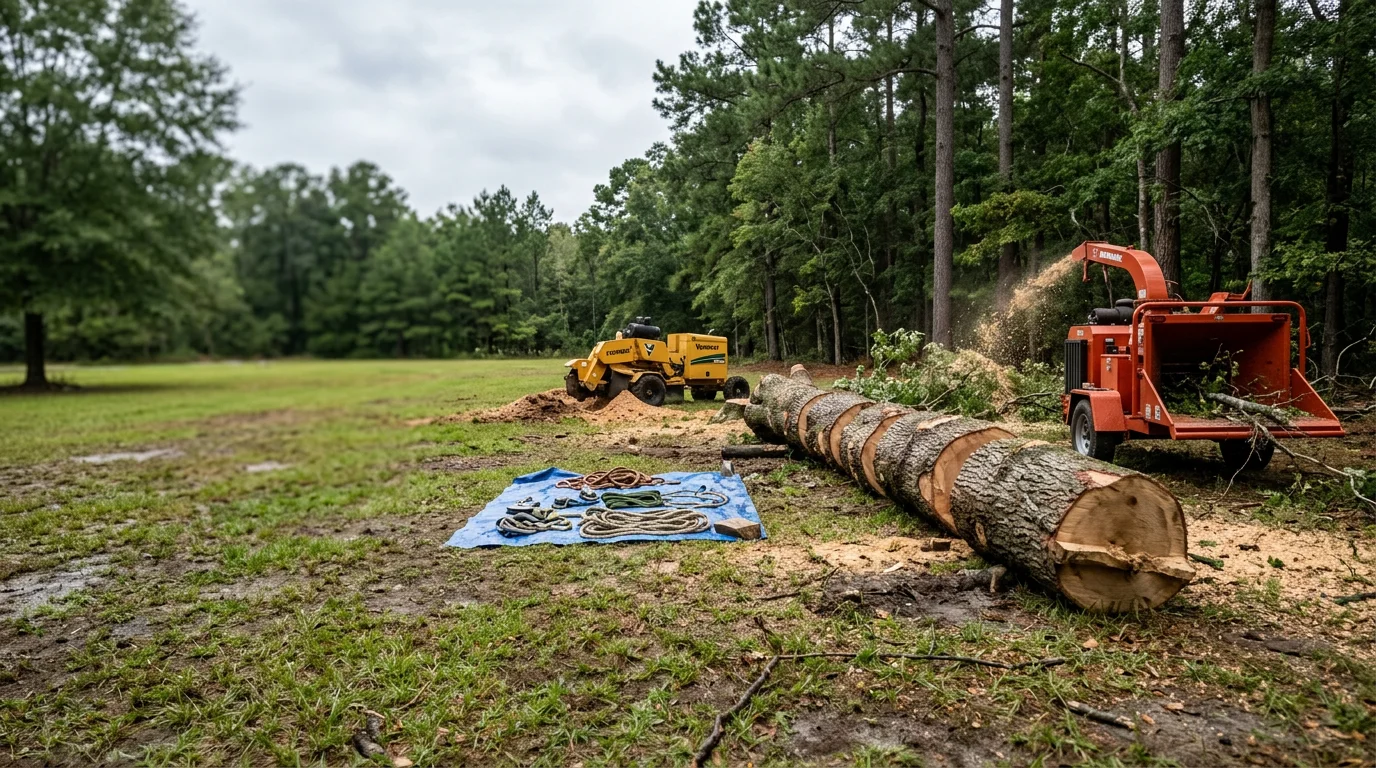 A large storm-damaged tree with a split trunk being removed from a residential property in New Bern, NC. The tree leans toward a single-family home with visible crown damage consistent with hurricane wind stress.
