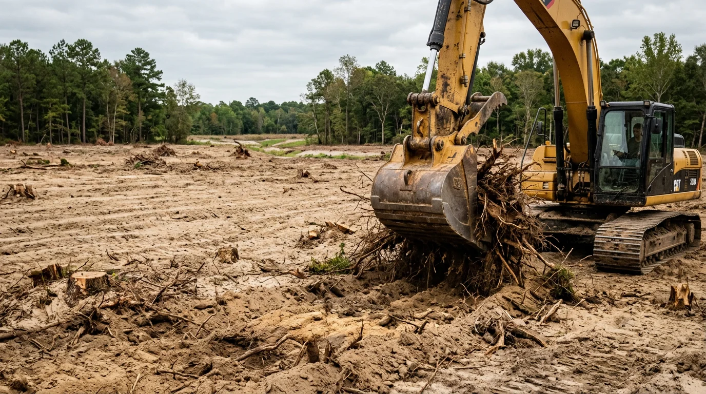 A freshly cleared wooded parcel in New Bern, NC with trees and stumps removed and open ground visible across the site. Heavy equipment tracks in sandy coastal plain soil show recent land clearing work completed by R&D Earthworks LLC.