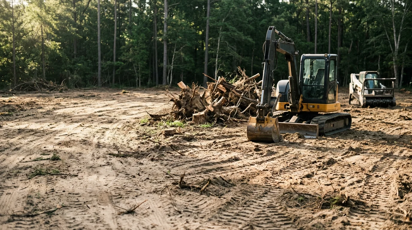 A cleared residential lot in New Bern, NC with trees, stumps, and brush fully removed, leaving bare ground ready for construction. R&D Earthworks LLC equipment visible at the edge of the cleared property.