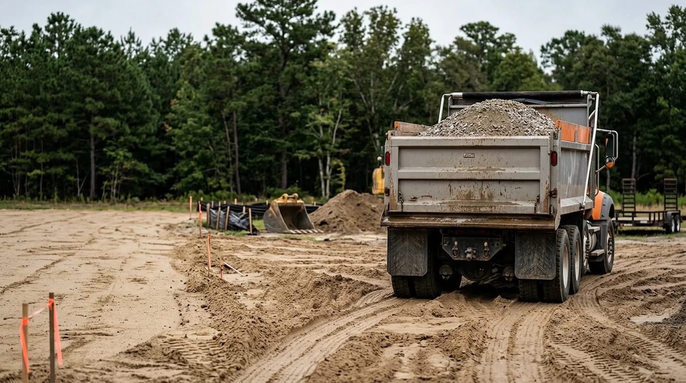 A dump truck hauling excavated material from a dirt work job site in New Bern, NC. Sandy loam soil is visible in the truck bed with cleared land in the background.