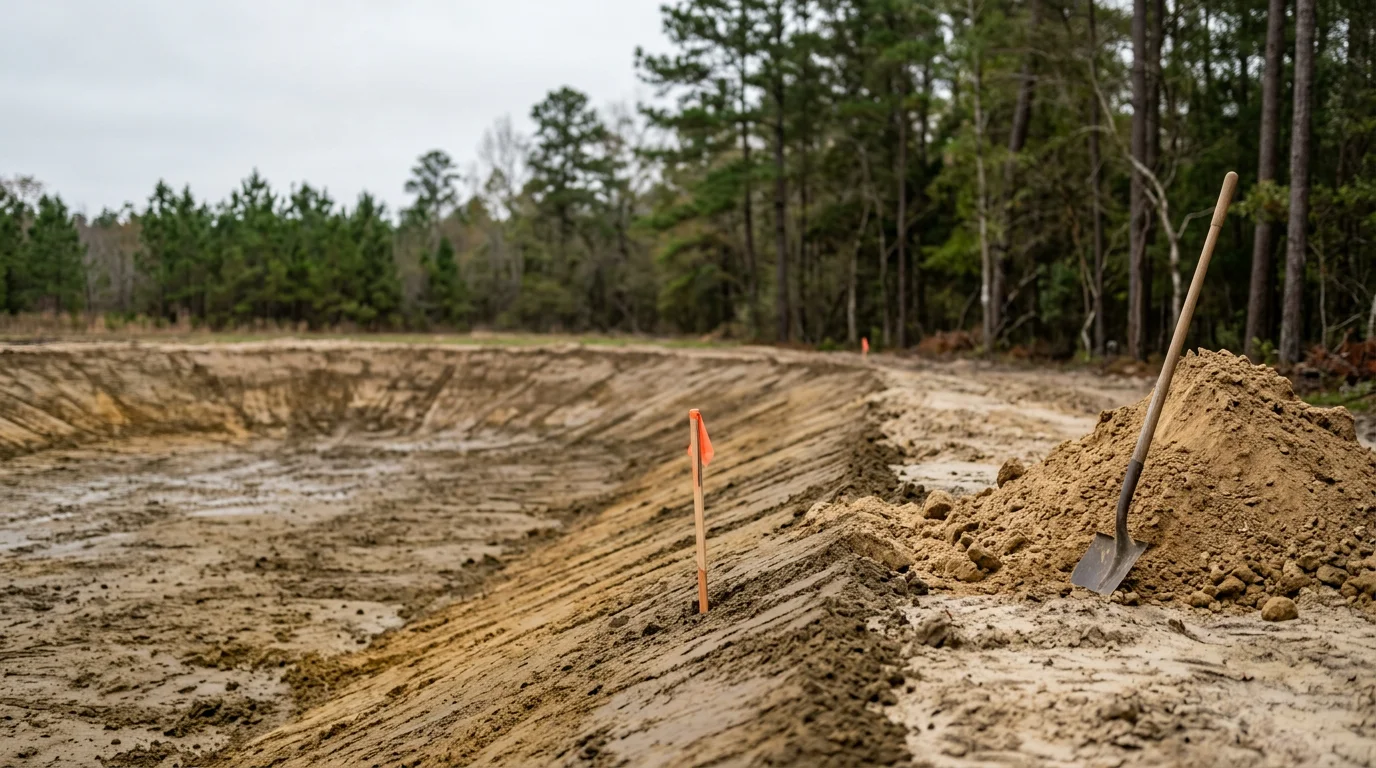 A newly constructed earthen pond on a rural property near New Bern, NC, with graded clay banks and a clear water basin surrounded by open land. Excavation equipment tracks are visible along the shaped bank edge, showing fresh dirt work completed by R&D Earthworks LLC.