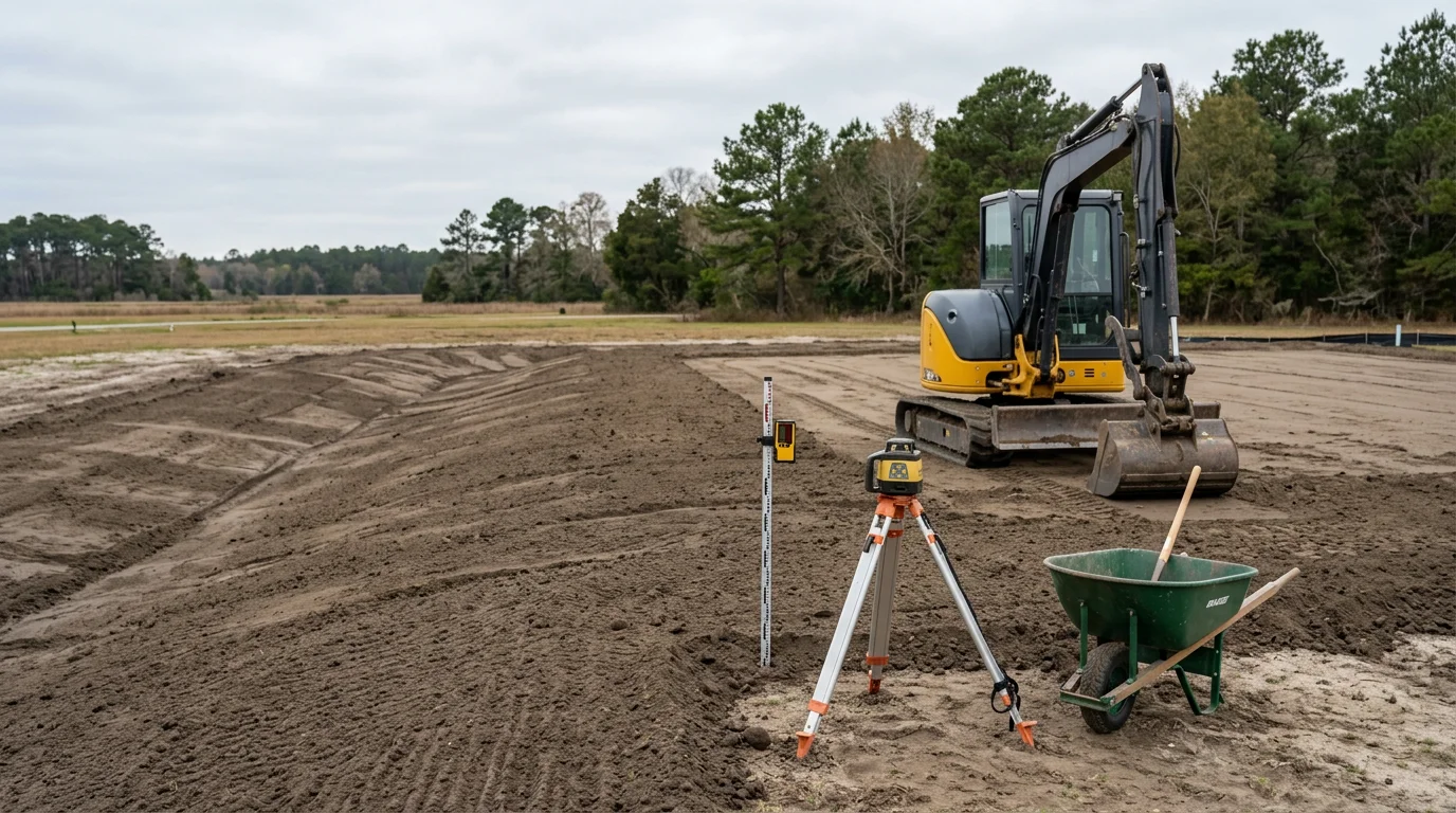 A tracked excavator grading a flat residential lot in New Bern, NC, with freshly shaped soil sloping away from a home foundation. The site is cleared and compacted, ready for construction.