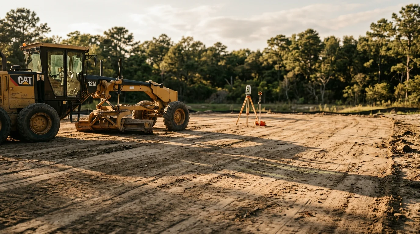 A graded and cleared building site in New Bern, NC with level soil and no vegetation, ready for foundation work. Earthmoving equipment sits at the edge of the prepared lot on a sunny eastern North Carolina day.