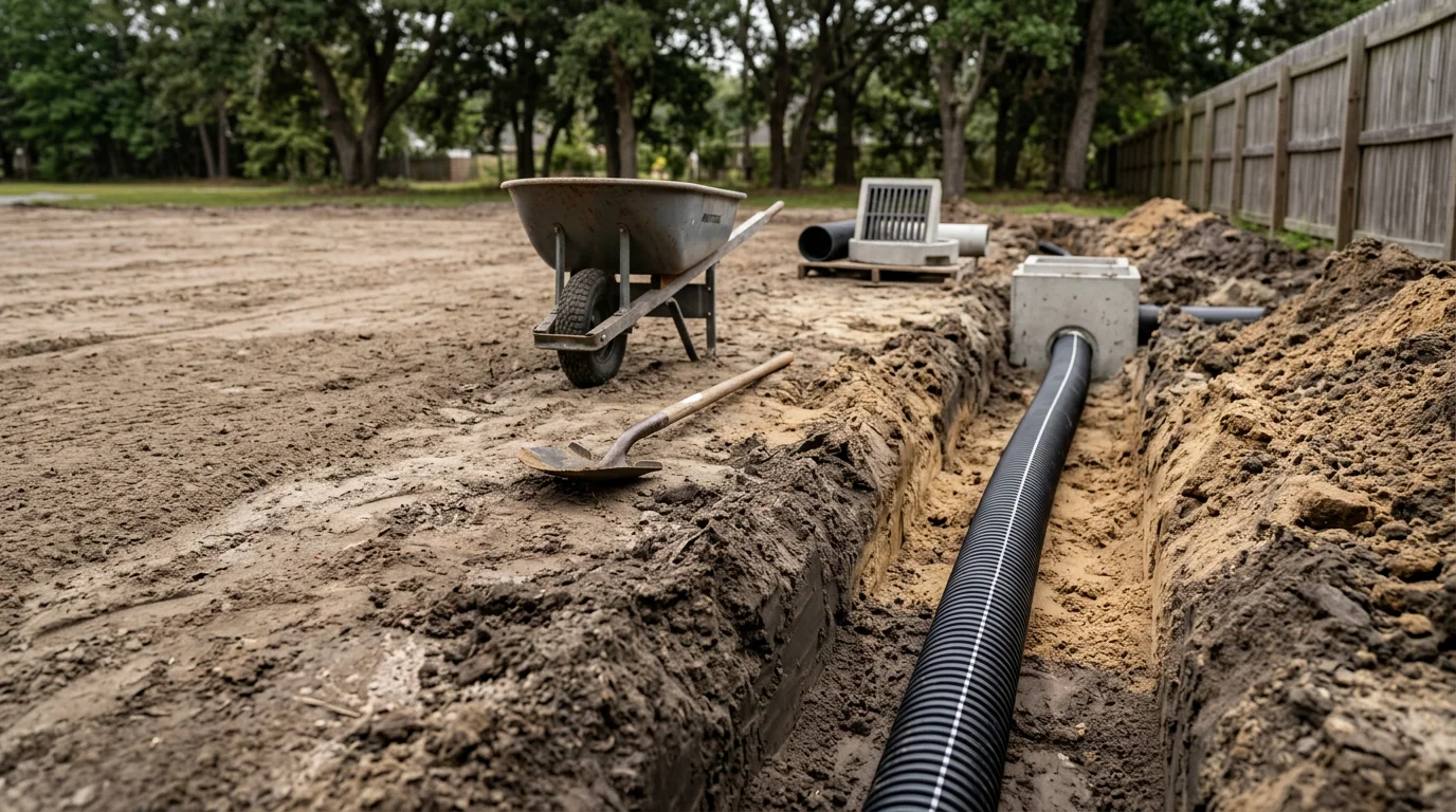 Excavated stormwater trench with drainage pipe installed on a residential property in New Bern, NC. Surrounding soil is graded to direct runoff away from the home's foundation.