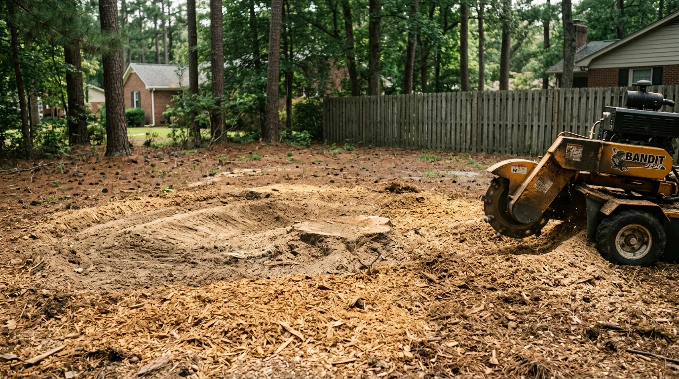 A freshly ground tree stump reduced to wood chips at a residential property in New Bern, NC, with a level patch of ground ready for lawn restoration. R&D Earthworks LLC stump grinding service result on a coastal North Carolina yard.
