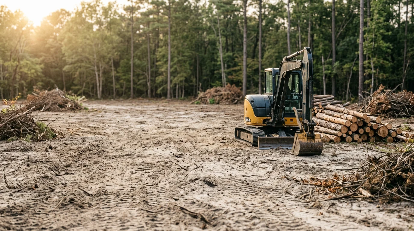 A cleared residential lot in New Bern, NC with trees and dense underbrush removed, leaving open ground ready for use. R&D Earthworks LLC tree clearing service result on a coastal plain property.