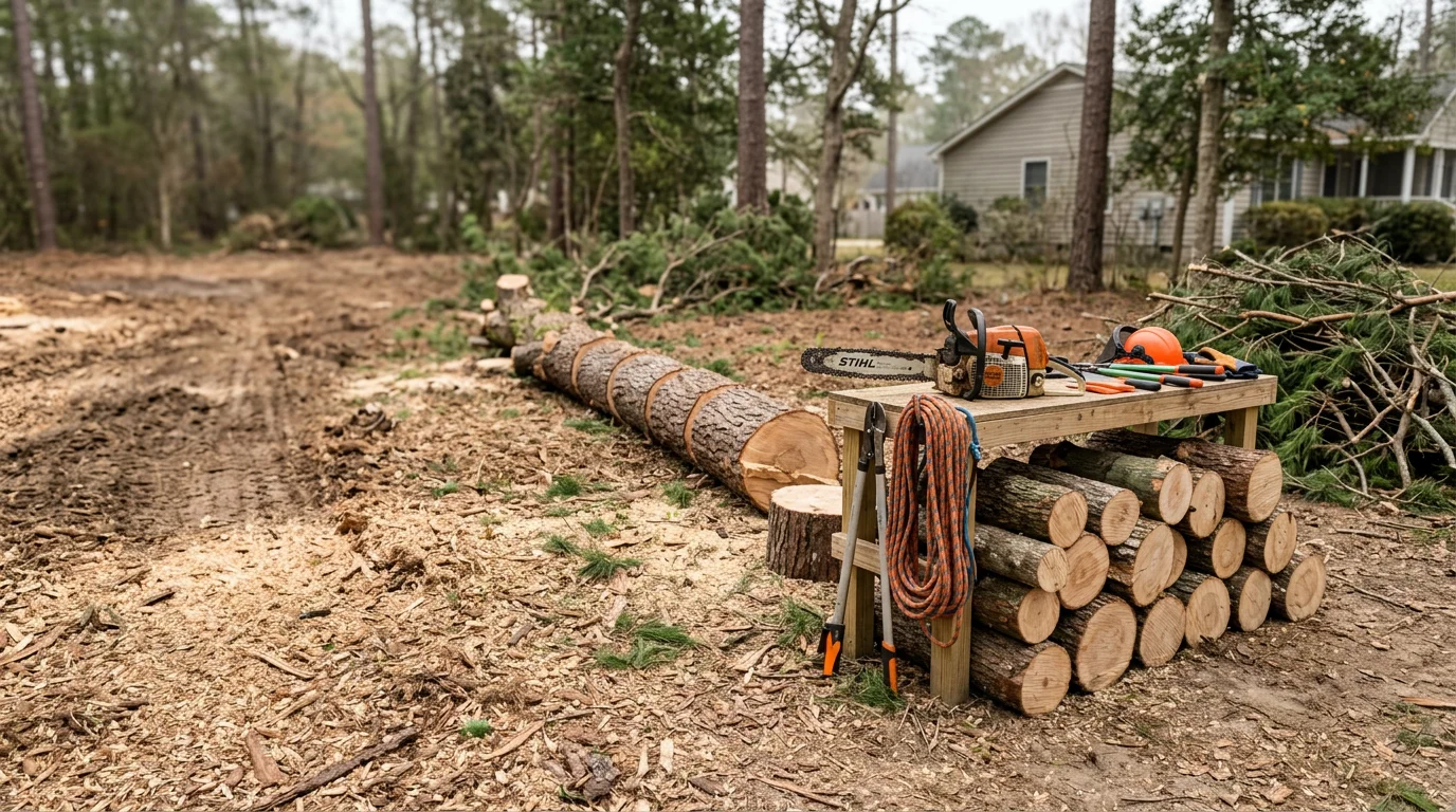 A large loblolly pine being removed from a residential property in New Bern, NC, with the trunk sectioned and the yard cleared of debris. R&D Earthworks LLC crew working on a full tree removal in a coastal Eastern North Carolina neighborhood.