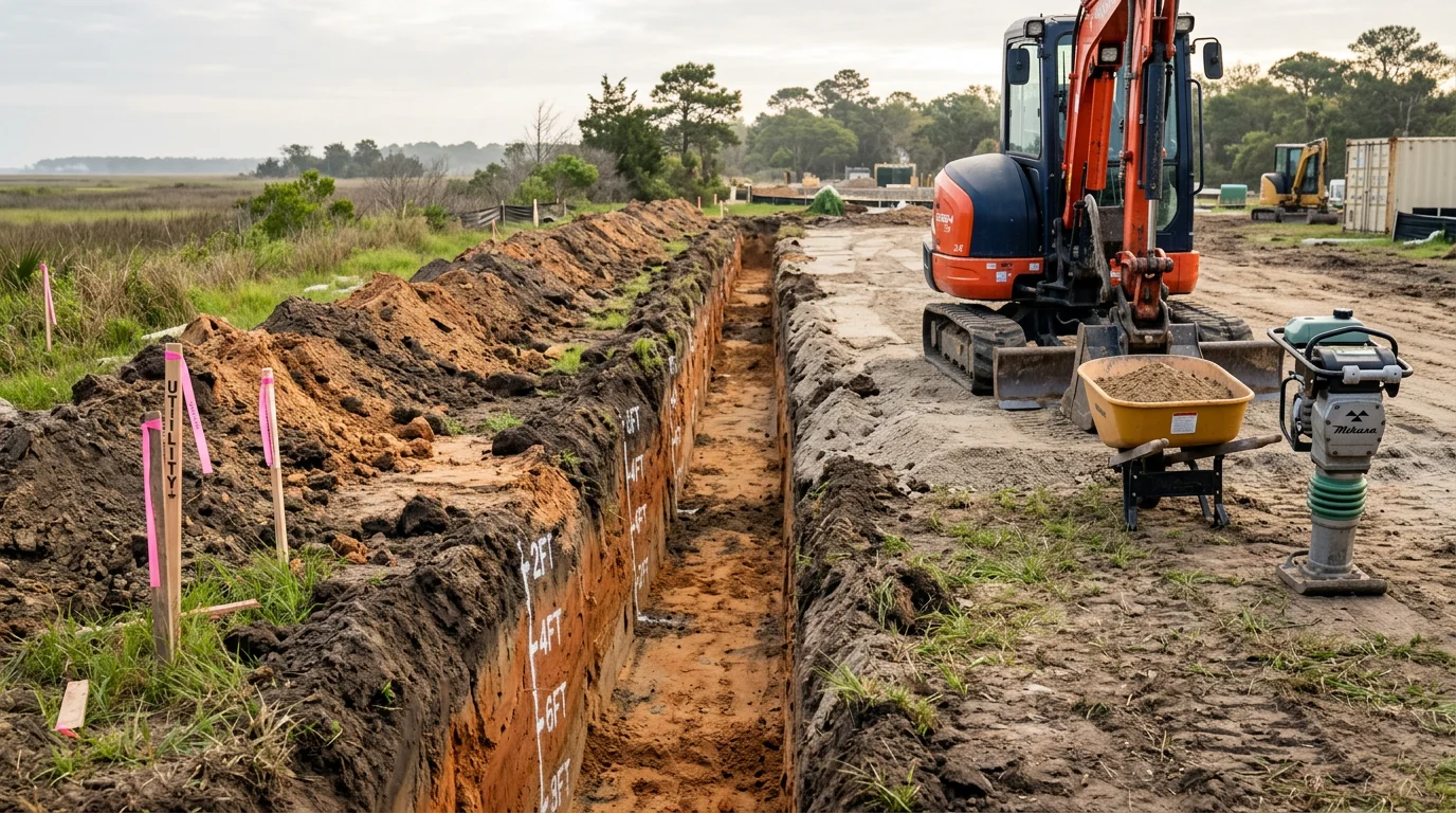An excavator digging a straight utility trench through sandy loam soil on a residential property in New Bern, NC. The open trench shows clean sidewalls and prepared bedding for underground utility line installation.